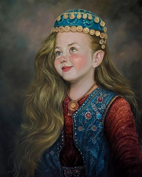 نقاشی رنگ روغن دختر کورد با موهای طلایی اثر استاد نادر لنجانی