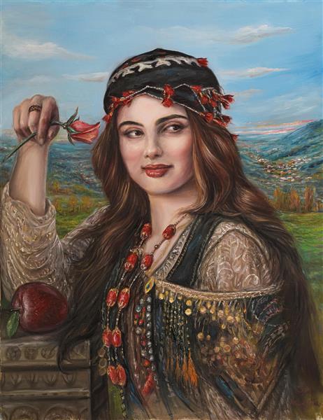 نقاشی رنگ روغن دختر زیبا ی لر اثر استاد نادر لنجانی