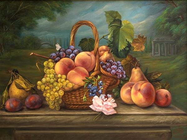 نقاشی رنگ روغن گل و میوه طبیعت بی جان اثر استاد نادر لنجانی