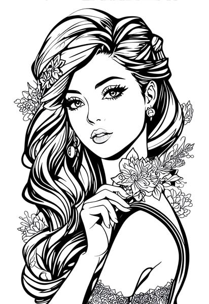 تصویرسازی نقاشی دیجیتال دختر زیبا ناز با موهای بلند با گل در یک دنیای فانتزی سیاه و سفید
