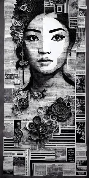 طرح چهره زن زیبا در پس زمینه روزنامه با تزئینات گل سیاه و سفید