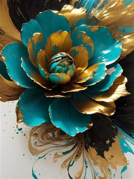 طرح گلهای سه بعدی طلایی فیروزه ای آبی درباری لارج فرمت با کیفیت بالا برای تابلو و پوستر دیواری دکوراتیو