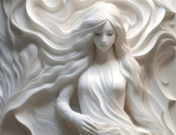 مجسمه سفید دختری با موهای بلند و طرح دکوراتیو
