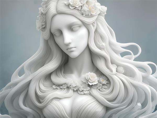 زن با موهای بلند و گلدار در مجسمه