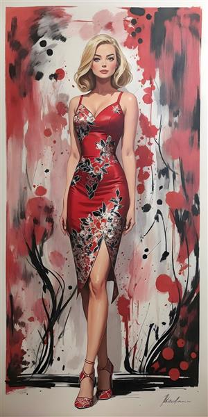 زیبایی در رنگ مارگو رابی با لباس‌ گلدار در طراحی‌ و نقاشی آبرنگی