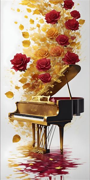 پیانو و گلهای طلایی هنر و موسیقی در نقاشی دیجیتال