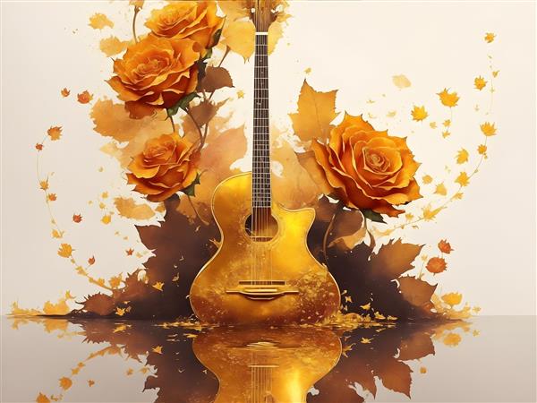 طرح تابلو گیتار با گلهای طلایی هنر و موسیقی