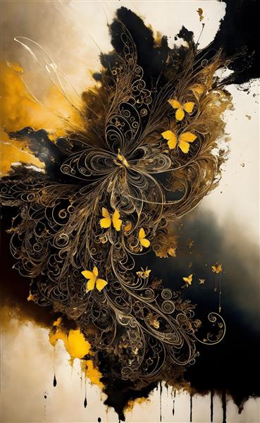 پرواز پروانه های طلایی در نقاشی تابلو دکوراتیو