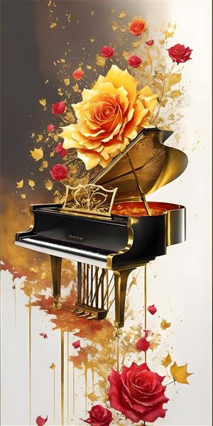 زیبایی رز و پیانو نقاشی رنگ روغن