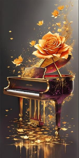 نقاشی پیانو و گل رز با کیفیت طلایی و لوکس