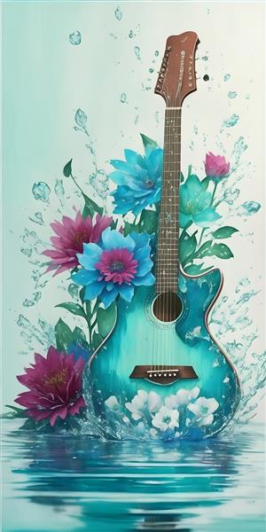 گیتار و گلهای رنگ روغن در نقاشی