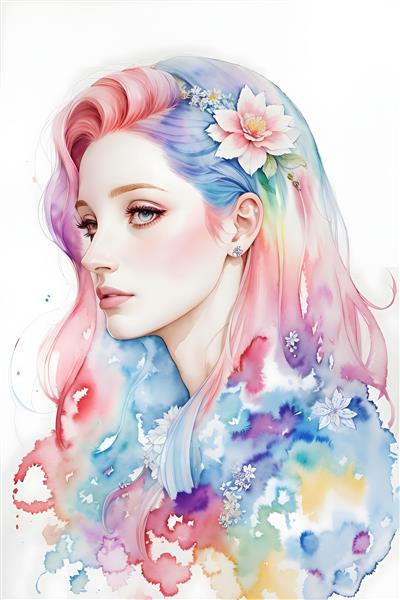 نقاشی آبرنگی پرتره دختر زیبا با موهای رنگی