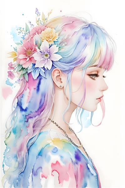 نقاشی دیجیتالی دختر ناز با موهای رنگارنگ