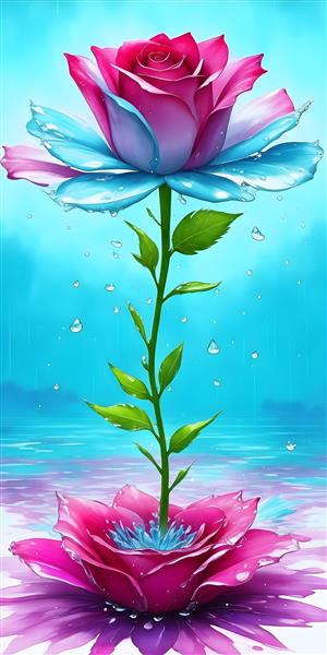 تابلو تصویرسازی آبی رنگ گل های رنگی با قطرات آب