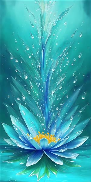 نقاشی دیجیتال گل رز با قطرات آب روی زمینه آبی