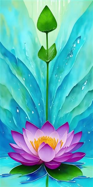 تابلوی زیبای نقاشی دیجیتال گل نیلوفر آبی با قطرات آب رنگی