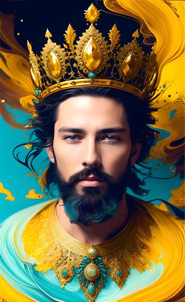 پرتره شاه ایرانی جوان با لباس و تاج لاکچری