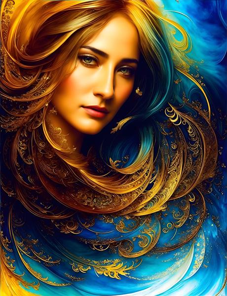 تصویرسازی ملکه ایرانی با لباس سنتی و تاج طلایی و لباس فیروزه ای