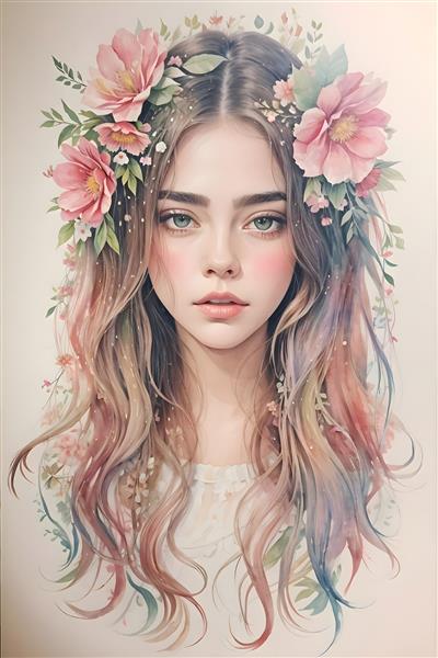 تصویرسازی دیجیتالی چهره دختر زیبا با موهای رنگین کمانی و آرایش
