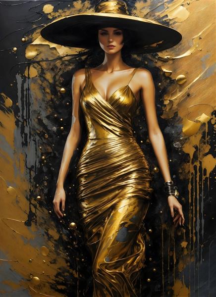تابلو مجسمه برجسته سه بعدی نقش حکاکی طلایی زن جوان با کلاه