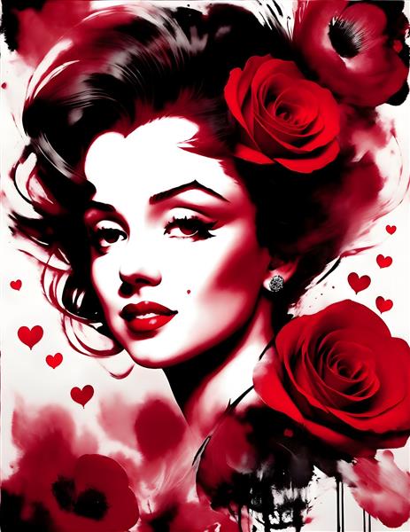 نقاشی دیجیتال چهره مرلین مونرو با گل رز قرمز در سبک امپرسیونیسم