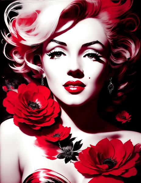 نقاشی دیجیتال چهره پرتره مرلین مونرو با گل رز قرمز در سبک هنری پست امپرسیونیسم