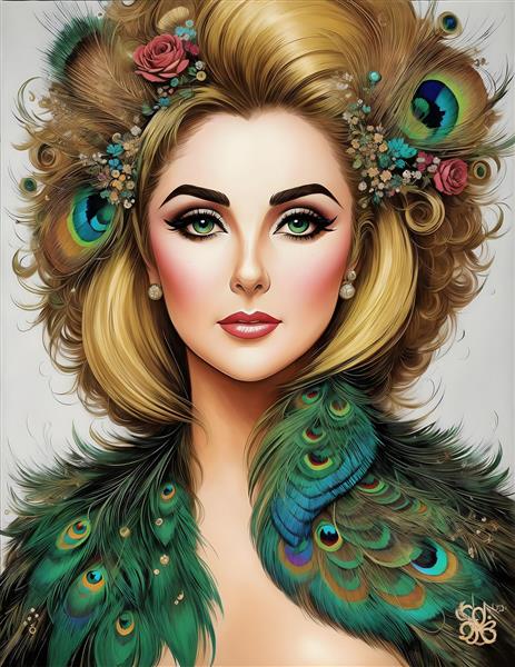 پرتره الیزابت تیلور با تاج پر طاووس اثر هنرمند معروف