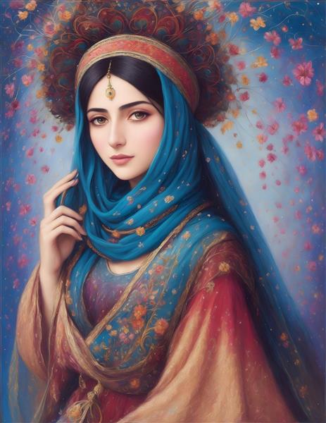 نگارگری رنگی از دختر جوان ایرانی با شال بلند و لباس بلند