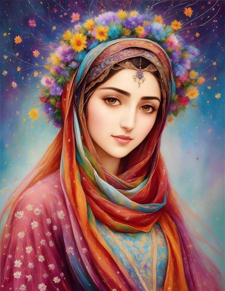 نگارگری رنگارنگ از یک دختر جوان ایرانی
