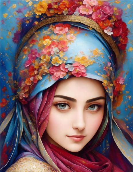 نگارگری رنگارنگ از دختر ایرانی با حجاب