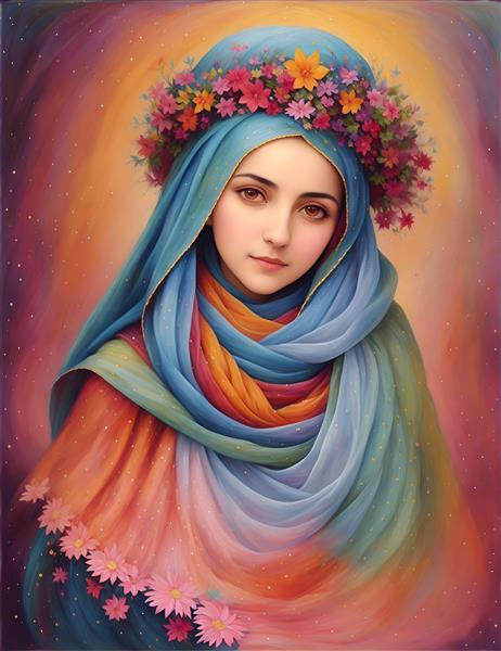 مینیاتور رنگی از دختر جوان ایرانی باحجاب شال بلند و تاج گل
