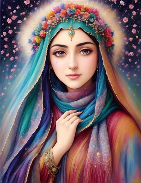 لباس‌های محلی و حجاب سنتی ایران در نقاشی دختر جوان