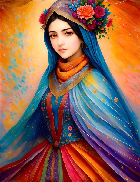 لباس‌های محلی ایران در نقاشی دختر جوان با حجاب
