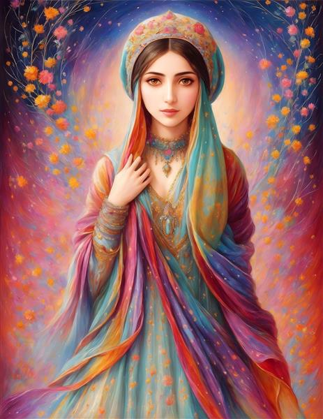 لباس محلی ایرانی در نقاشی دختر جوان با حجاب