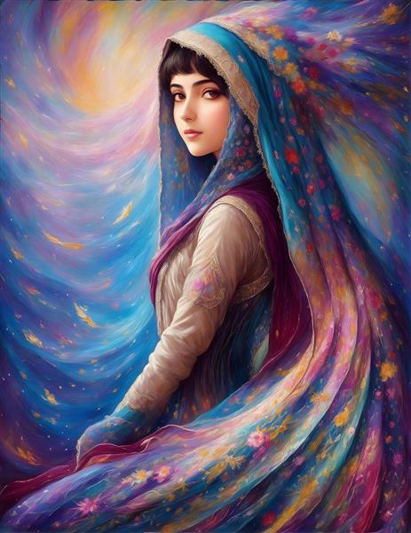 دختر زیبای و اصالت ایرانی در نقاشی مینیاتور رنگی با دختر جوان در لباس محلی