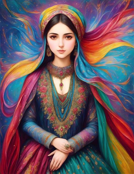 دختر زیبای زنان ایرانی در نقاشی مینیاتور با لباس محلی
