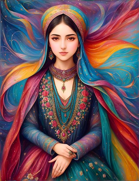 دختر زیبای زنان ایرانی در نقاشی مینیاتور با روسری بلند