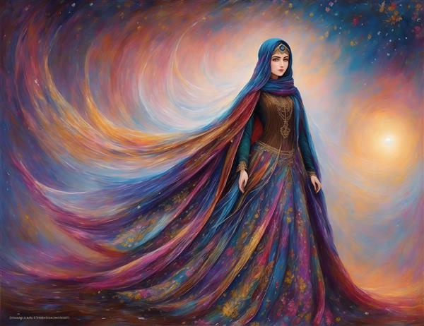 دختر زیبای ایرانی در نقاشی مینیاتور با روسری بلند