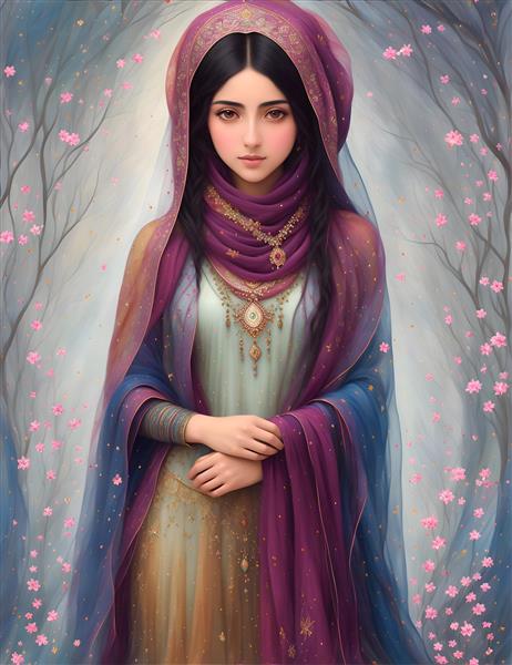 زیبای ایرانی در نقاشی با لباس محلی و حجاب