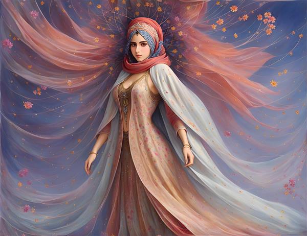 دختر جوان ایرانی در نقاشی مینیاتور رنگی با حجاب