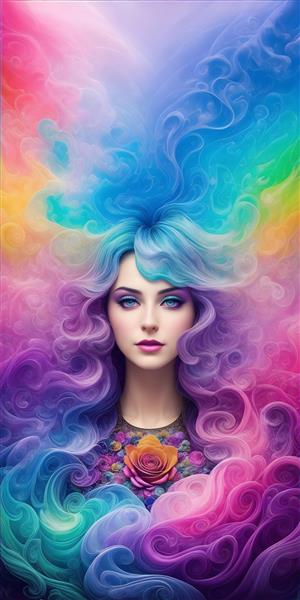 نقاشی دیجیتالی خیره کننده از زن جوان با موهای رنگارنگ