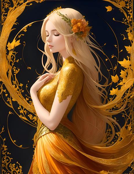 طرح دیجیتالی باکیفیت از دختری جوان و زیبا با موهای طلایی در میان برگ های طلایی پاییزی