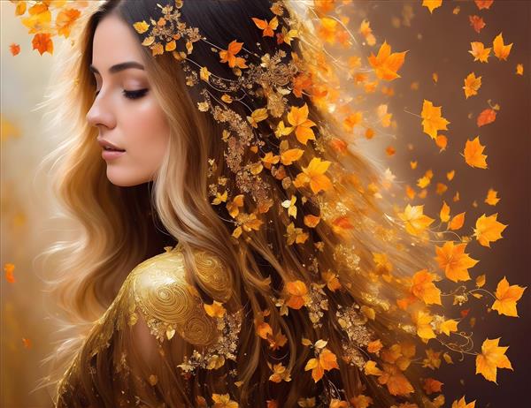 نقاشی دیجیتالی دختری جوان و زیبا با موها و برگ های پاییزی