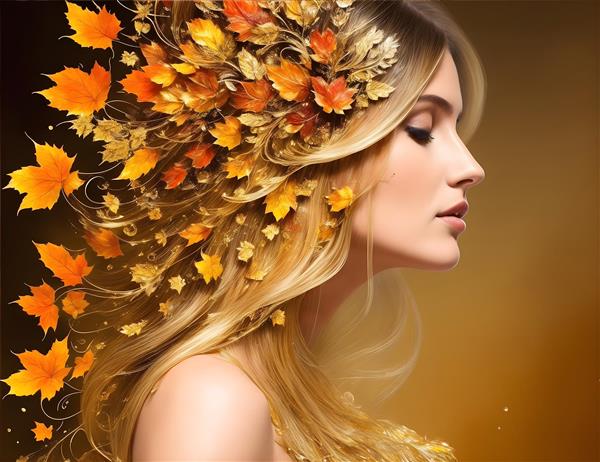 آبرنگ دیجیتالی دختری با موهای برگریزان طلایی در پاییز