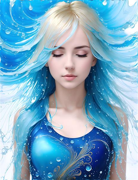 زیبایی آبی رنگ در نقاشی دیجیتال دختر جوان با موهای آبشاری