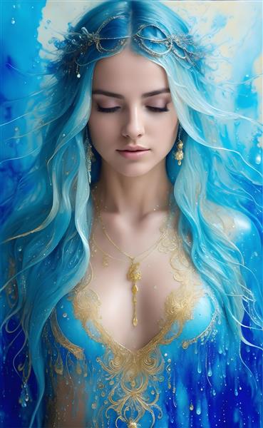 طرح آبی رنگ دختر جوان با موهای آبشاری در نقاشی دیجیتال