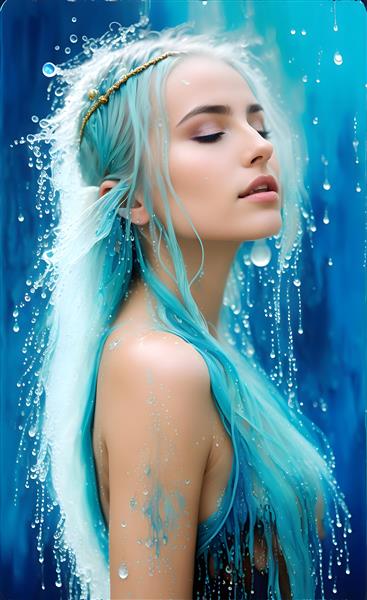 نقاشی دیجیتال باکیفیت از دختر جوان زیبا با موهای آبی آبشاری