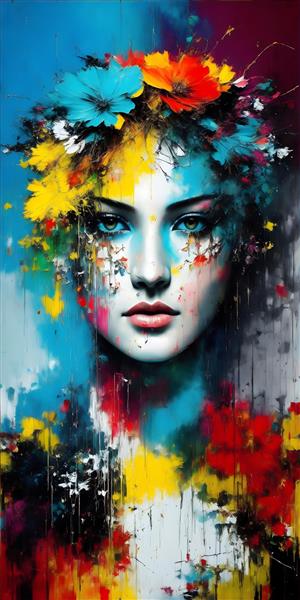طرح نقاشی دیجیتالی الهه جوان با موهای رنگارنگ، تجلی از امید
