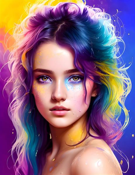 نقاشی دیجیتالی دختر جوان با موهای رنگین کمانی