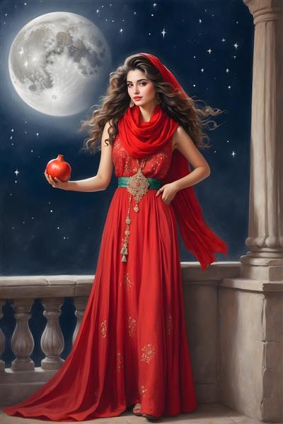 انار نماد شب یلدا با دختر ایرانی در لباس بلند